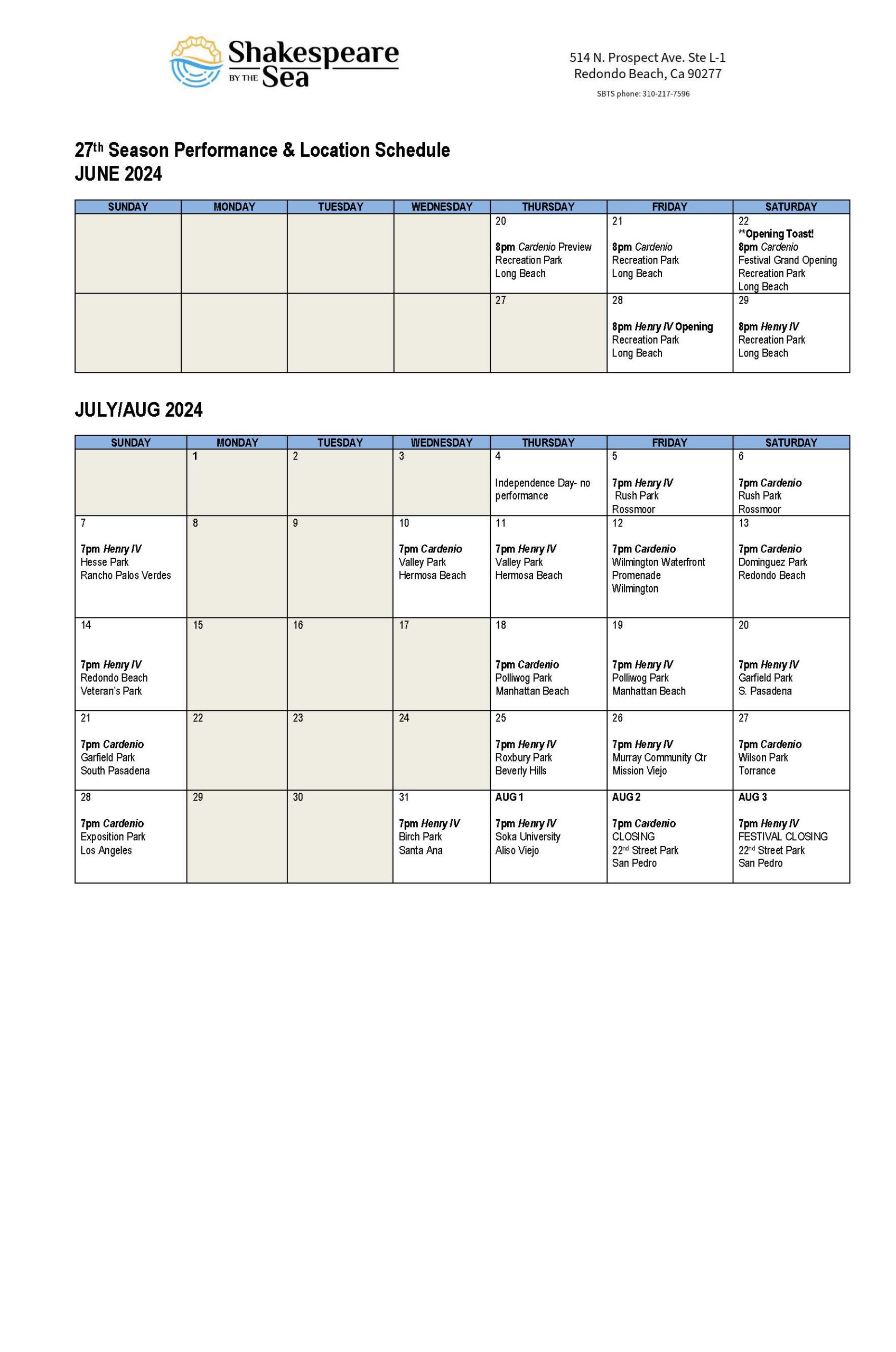 SBTS 2024 Performance Calendar 